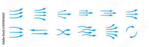 Blue arrows displaying diverse flows, symbolizing motion and air movement. straight, curved, or diverging.