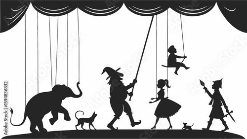 Black and white silhouette puppet show with various marionette characters like an elephant, witch, girl, boy on a swing, and soldier in a classic theater setting.