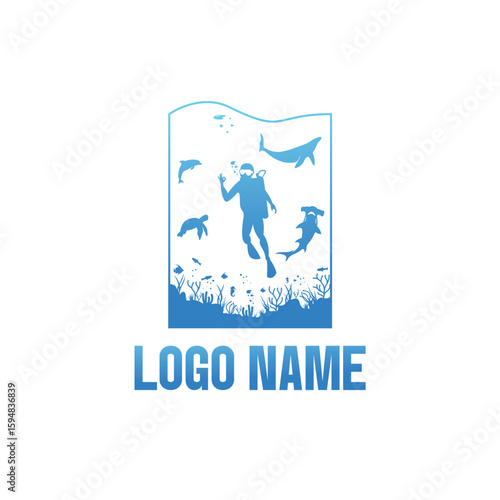 Blue Ocean Scuba Diver Logo with Marine Life Silhouette