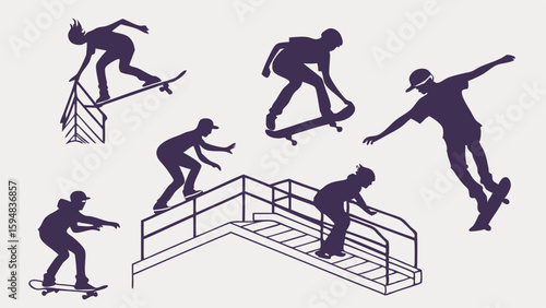 Dynamic skateboarding action silhouettes collection featuring urban tricks on rails and stairs, an extreme sports vector illustration set.