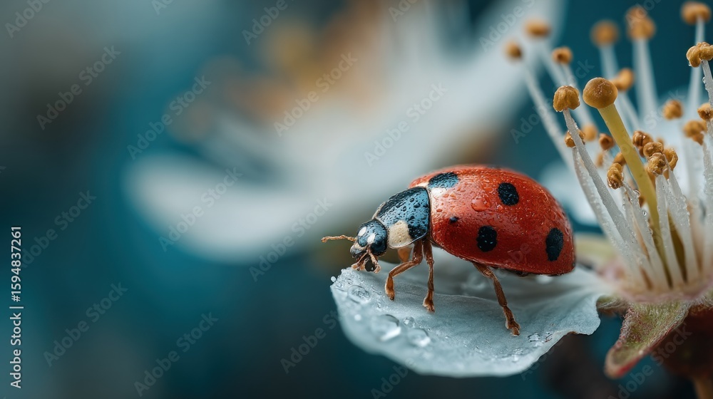 Fototapeta premium A ladybug rests on a delicate white flower, captured in stunning macro detail