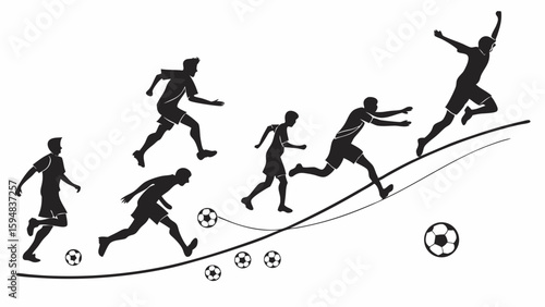 Dynamic black and white vector illustration of soccer players in various stages of action, from running and kicking the ball to scoring a goal and celebrating success.