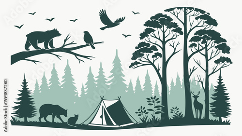 Monochrome forest silhouette with a camping tent, bears, deer, and flying eagle. Nature wilderness landscape illustration for outdoor adventure and wildlife themes.