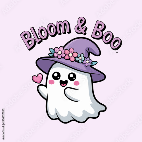Charming ghost waving with flower hat and heart, bloom and boo slogan, pastel purple witchy style, gentle spook character  