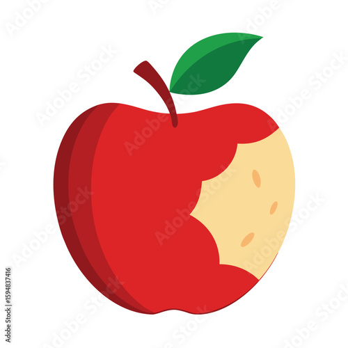 Realistic illustration of a half eaten apple with visible seeds and a damaged leaf