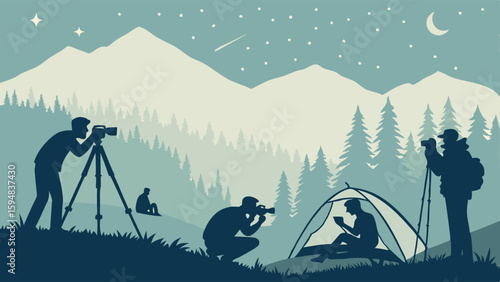 Silhouetted photographers and campers capture the starry night sky over mountains and forests. Serene outdoor astrophotography adventure illustration.