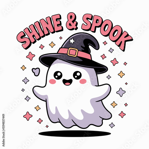 Blushing ghost in sparkly scene, shine and spook slogan, night magic witch look with ghosts of glitter, enchanting cartoon vector  