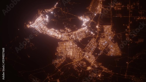 Abu Dhabi (UAE) aerial view at night. Satellite view on modern city with street lights. Camera is flying above the city, moving forward