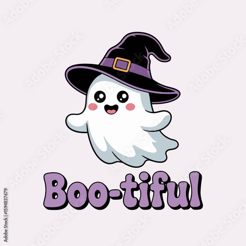 Cute ghost with purple boo-tiful text under big hat, slight pink glow and sweet eyes, Halloween greeting character vector  