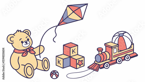 Colorful cartoon illustration of a teddy bear with a kite, building blocks, toy train, and balls, representing children's playtime toys.