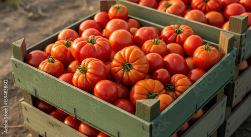 Freshly harvested ripe red tomatoes stacked in wooden crates outdoors on a sunny day during harvest season
