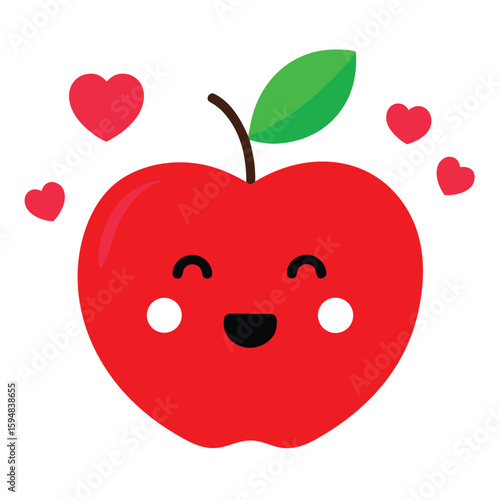 Charming red apple illustration with adorable floating hearts and a shy smiling face