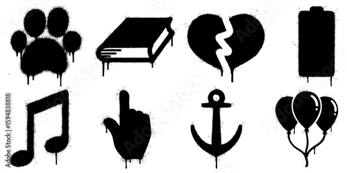 collection of eight black spray paint graffiti icons on a white background, including a paw print, book, broken heart, battery, music note, pointing hand, anchor, and balloons.