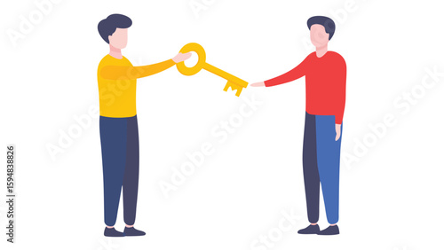 Two people exchanging a golden key in a simple flat vector illustration on a white background scene