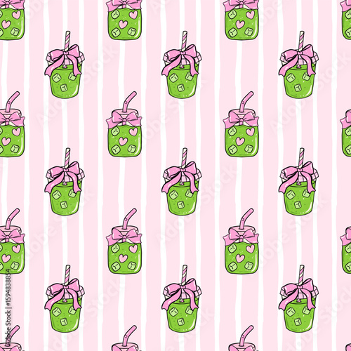 Cute seamless pattern Coquette Ice matcha latte with ribbon bow illustration, cute Girly trendy summer aesthetic lovers background