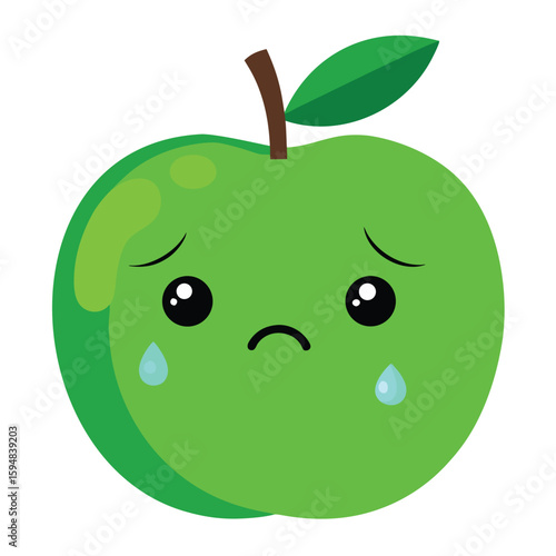 Sad green apple character with a teardrop and trembling lips expressing sadness