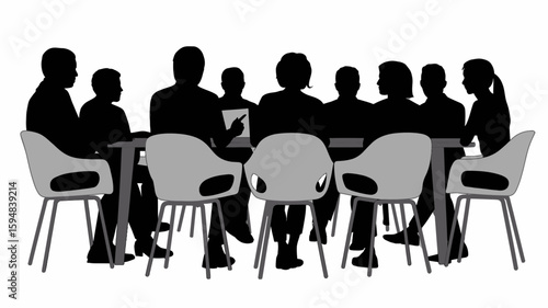 Silhouette of group of people sitting around a table in a meeting with chairs and white background