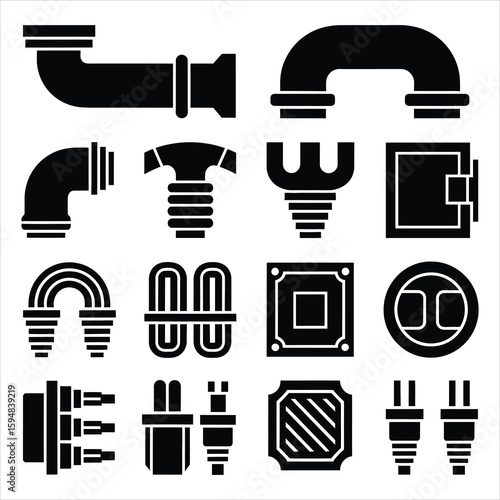 Black icons of plumbing and electrical connectors and components pipes