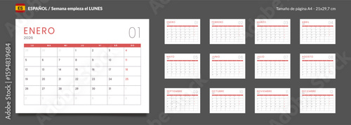 2026 Spanish language Set of Monthly pages Calendar Planner Templates. Vector layout of a wall or desk simple calendar with week start Monday in grey and red color for print. Pages size A4 21x29.7cm