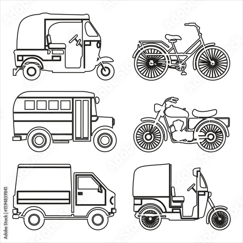 Auto rickshaw bicycle bus motorcycle truck vector