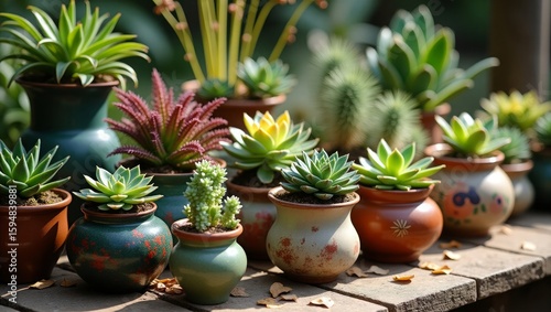 Wallpaper Mural Assortment of Succulents in Ceramic Pots on a Wooden Surface Torontodigital.ca