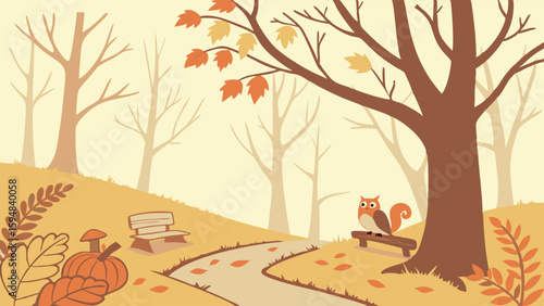 Cozy autumn park illustration with a cute squirrel on a log, pumpkins, and a winding path covered in fall leaves amidst bare trees and warm seasonal colors.