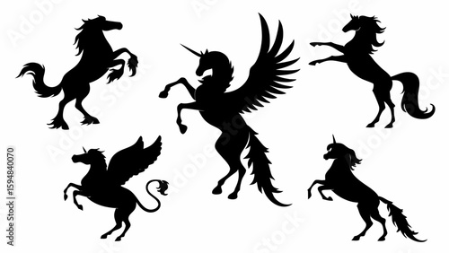 Black Unicorn and Pegasus Silhouettes Set Fantasy Mythical Creatures Collection Majestic Legendary Horse Icons Vector Art Design Elements