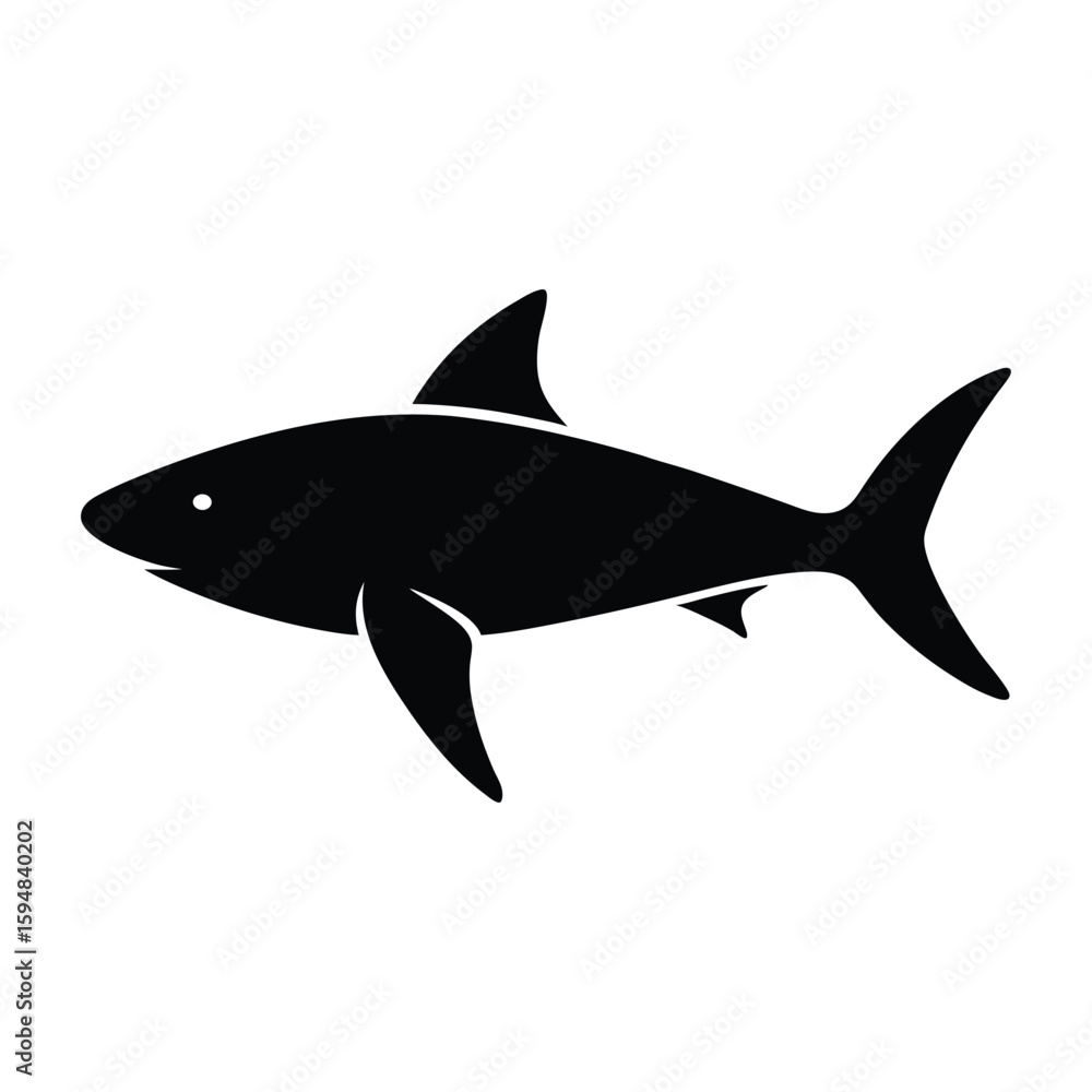 Fototapeta premium Black silhouette of a shark swimming on a white background
