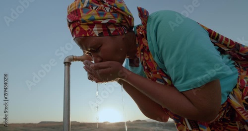 Backlit cropped close-up of a Black African woman in traditional clothing drinking water from a faucet at sunset
