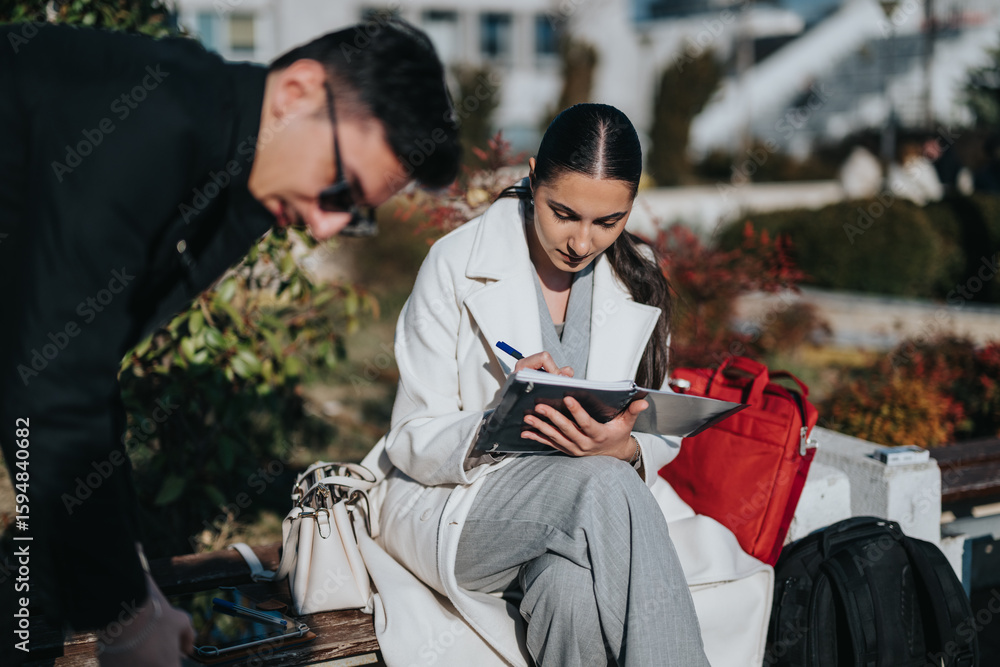 Obraz premium Two young people engaging in work and collaboration outdoors, utilizing a tablet and pen, conveying creativity, teamwork, and modern business concepts in a natural setting.