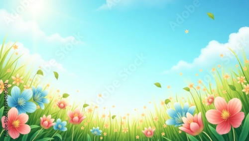 Cartoon Spring Meadow with Colorful Flowers Green Grass and Blue Sky