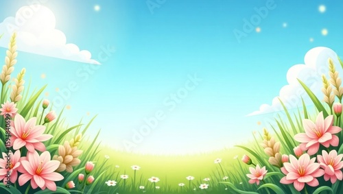 Cartoon Spring Meadow with Pink Flowers Green Grass and Blue Sky