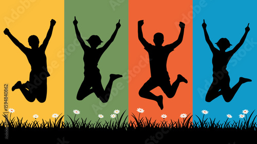 Four silhouettes of people jumping with arms raised against colorful backgrounds and grass field is seen