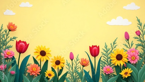Colorful floral arrangement with sunflowers tulips and clouds on yellow background