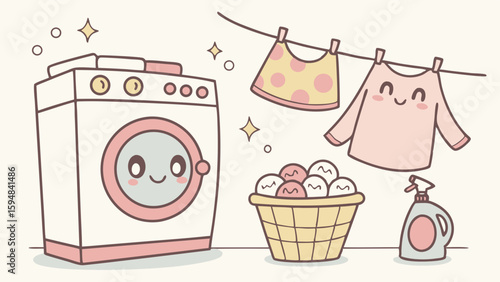 Kawaii pastel cartoon illustration of a happy laundry day scene with a cute washing machine, fresh drying clothes, basket, and detergent.