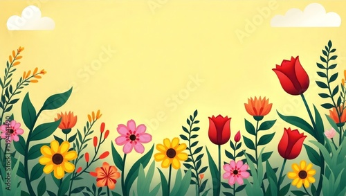 Colorful Floral Field Illustration with Red Tulips and Yellow Background