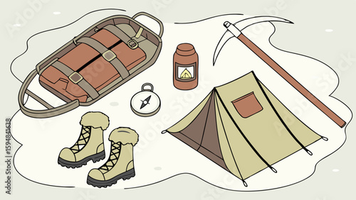 Essential winter expedition gear flat illustration. Mountaineering equipment including backpack, ice axe, tent, boots, compass, and flask for cold weather adventure.