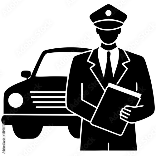 Driver holding clipboard with car behind silhouette vector illustration