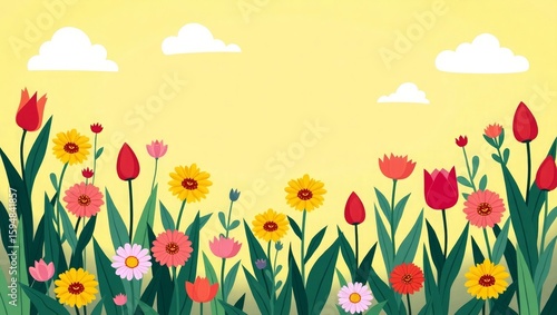 Colorful flower field illustration with yellow background and white clouds