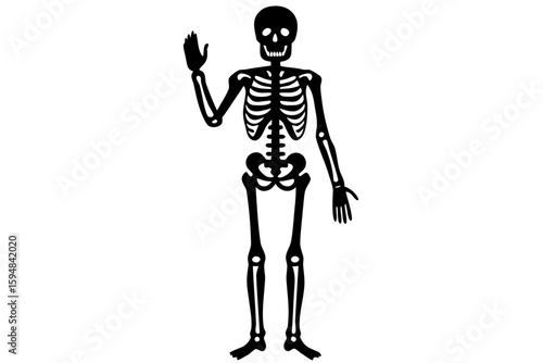 Standing skeleton waving hand black silhouette vector illustration