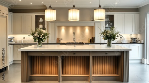 Luxury kitchen with white gloss panels, taupe-veined grey countertops, rich oak island with fluted sides, and oversized pendant lighting with satin finish.