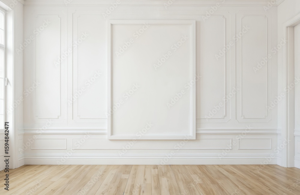 Naklejka premium Minimalist interior room featuring large empty white frame centered on wall with decorative molding. Light wood floor reflects natural light from nearby window. Perfect for displaying artwork custom