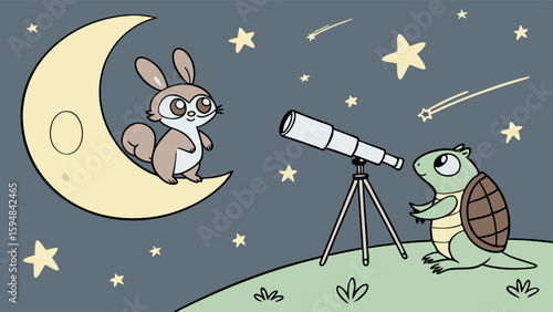 Cute Cartoon Animals Stargazing Night Sky Illustration Adorable Turtle with Telescope and Squirrel on Crescent Moon with Stars and Shooting Stars