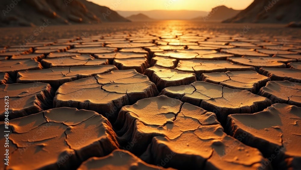 Obraz premium Cracked Earth Sunset Desert Landscape Dry Soil Texture
