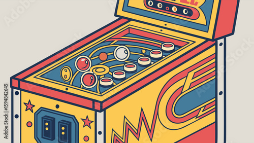 Retro Pinball Machine Illustration Classic Arcade Gaming Art Vintage Style Vector Design Colorful Entertainment Fun Playfield Flippers Bumpers
