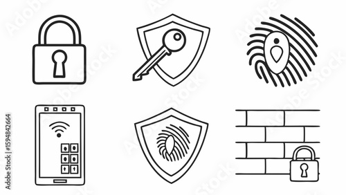Vector outline security icons collection. Includes padlock, key, fingerprint, shield, smartphone, and firewall for digital and physical protection.