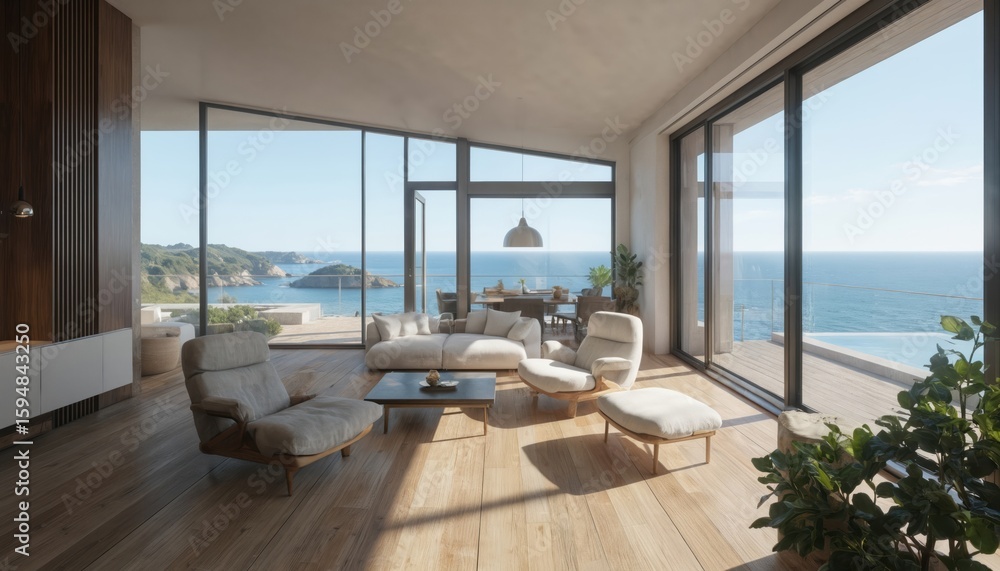 Fototapeta premium Modern living room with floor to ceiling windows breathtaking sea view. Features comfortable sofa, armchair, wooden floors, natural light creating serene, minimalist ambiance perfect for relaxation,