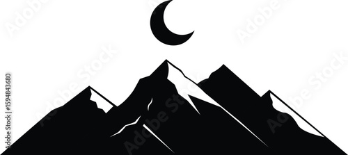 Mountain range silhouette with crescent moon, night landscape, black and white.