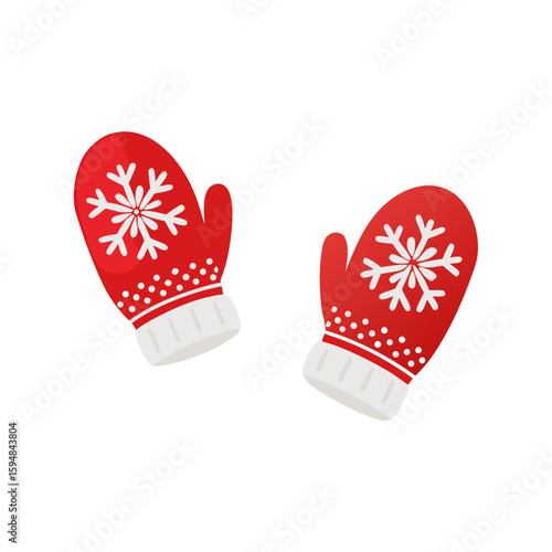 Red winter mittens with white snowflake pattern and fluffy cuffs, vector illustration isolated on transparent background. Christmas designs, seasonal clipart, and festive packaging.