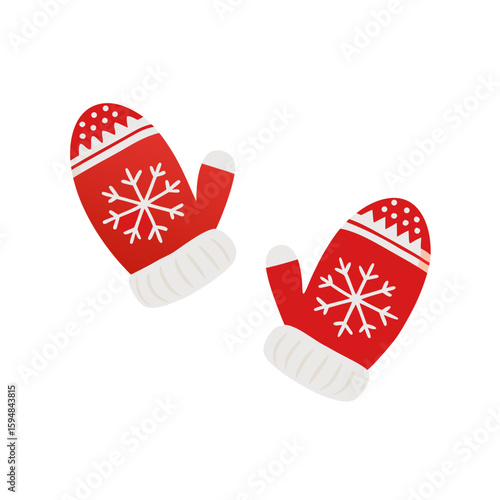 Red winter mittens with white snowflake pattern and fluffy cuffs, vector illustration isolated on transparent background. Christmas designs, seasonal clipart, and festive packaging.